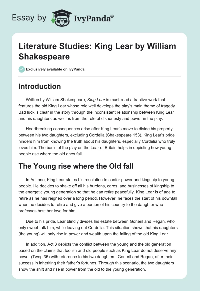 Literature Studies: King Lear by William Shakespeare. Page 1