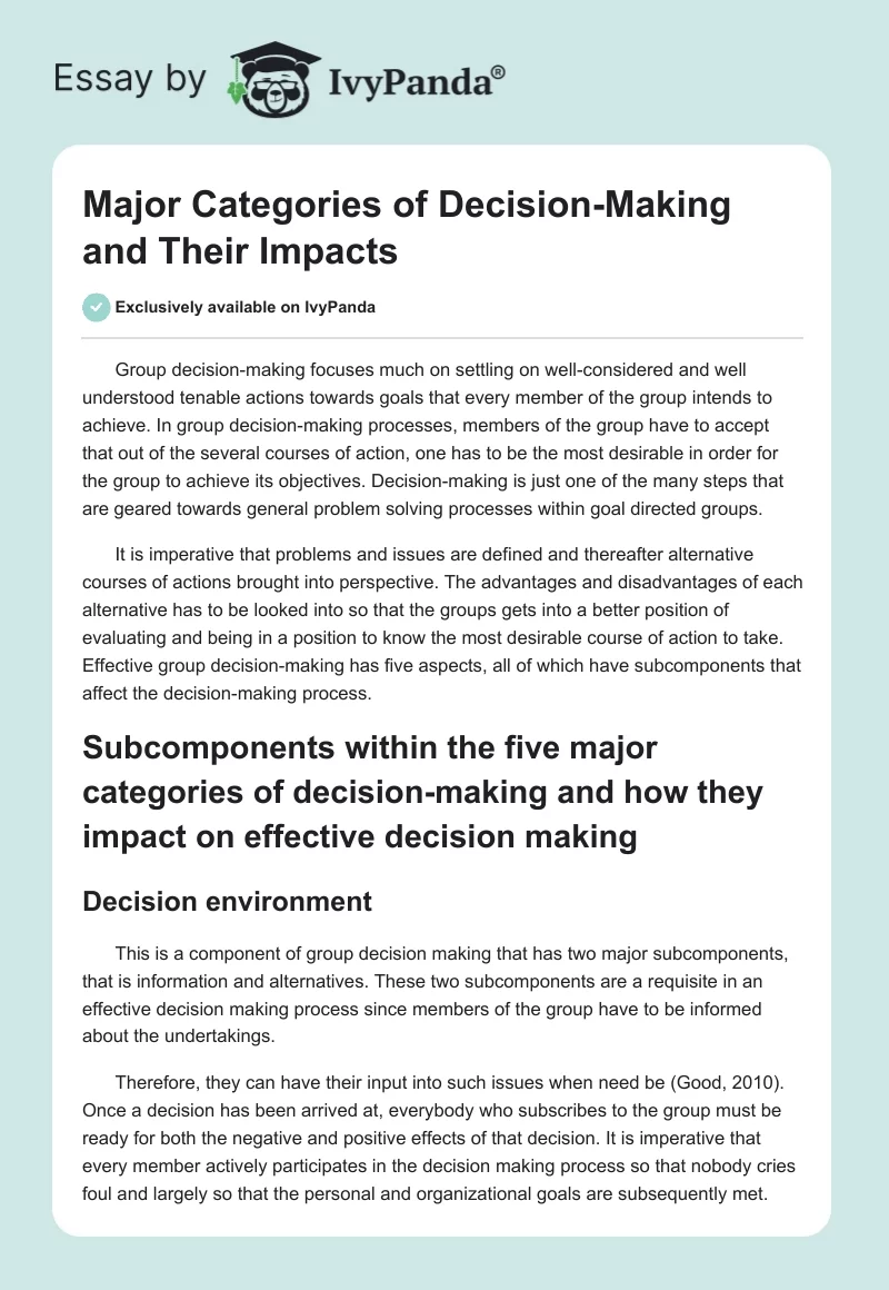 Major Categories of Decision-Making and Their Impacts. Page 1