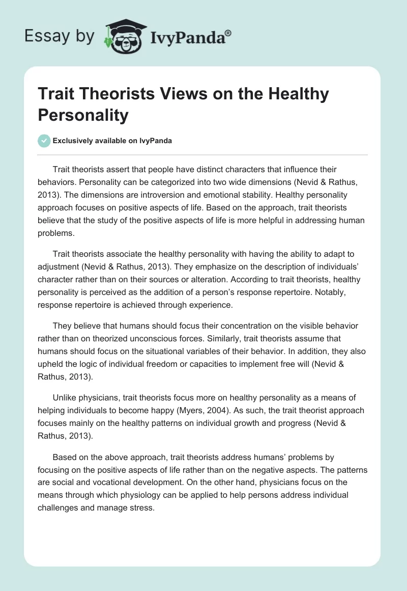 Trait Theorists Views on the Healthy Personality. Page 1