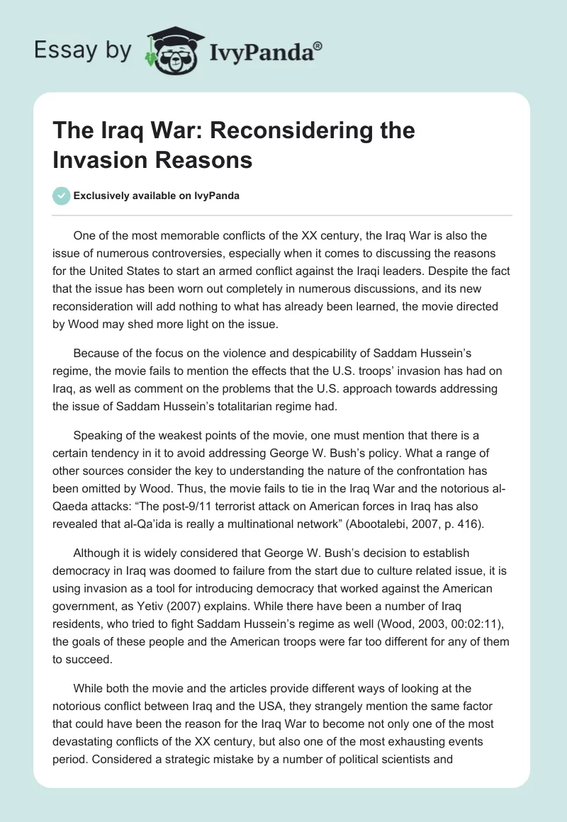 The Iraq War: Reconsidering the Invasion Reasons. Page 1