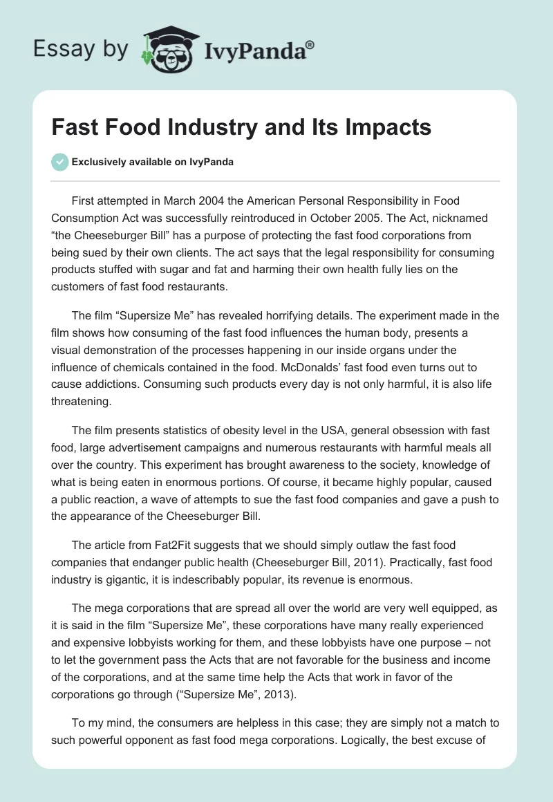 Fast Food Industry and Its Impacts. Page 1