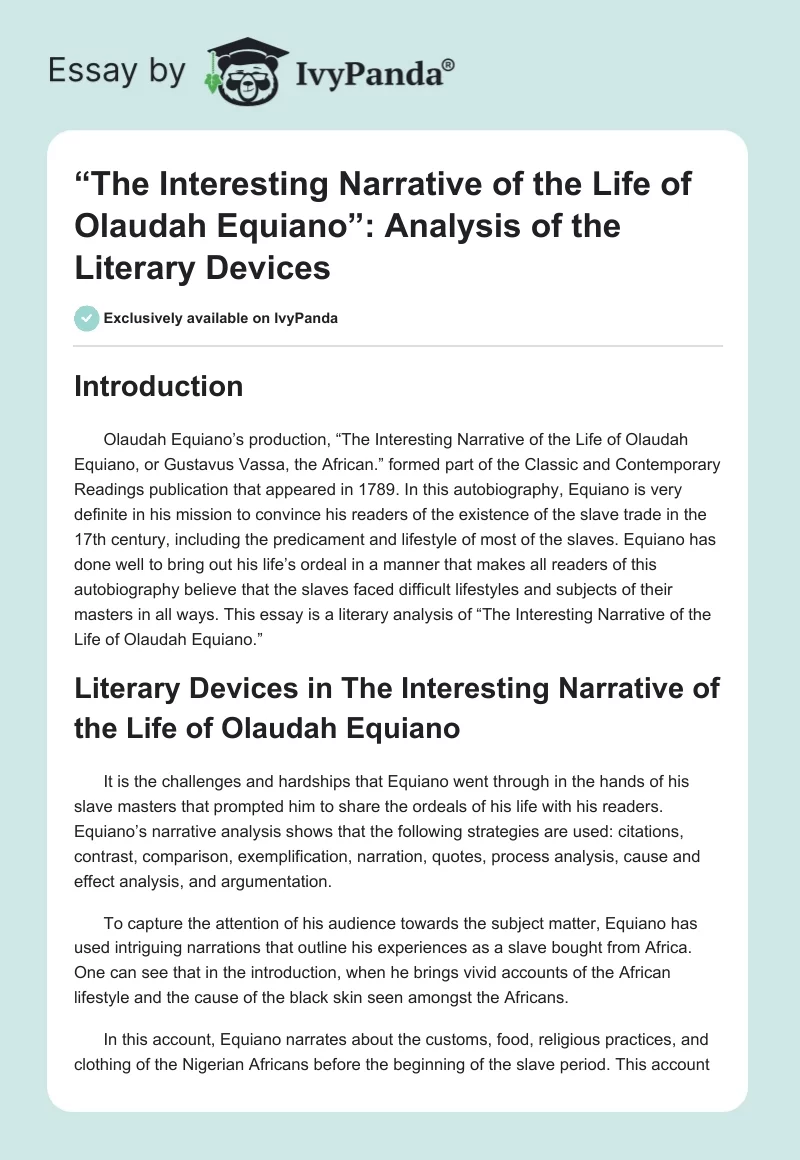 “The Interesting Narrative of the Life of Olaudah Equiano”: Analysis of the Literary Devices. Page 1
