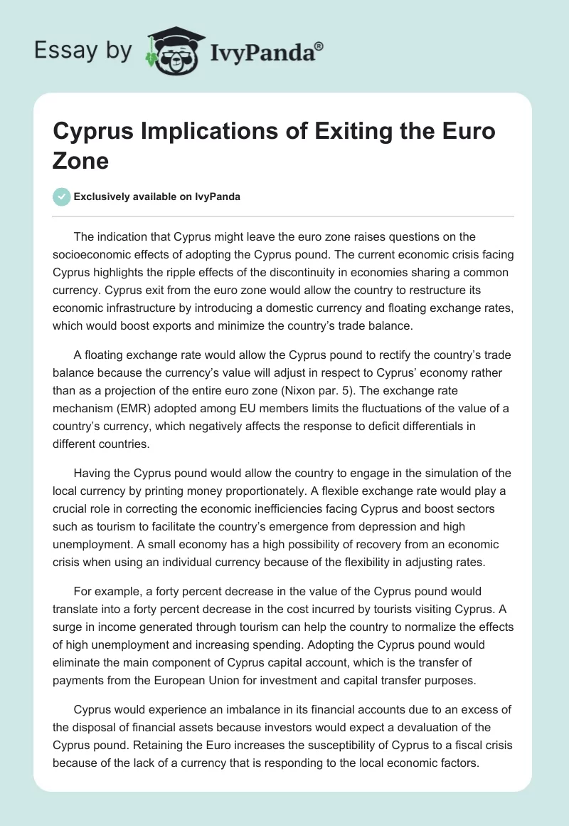 Cyprus Implications of Exiting the Euro Zone. Page 1
