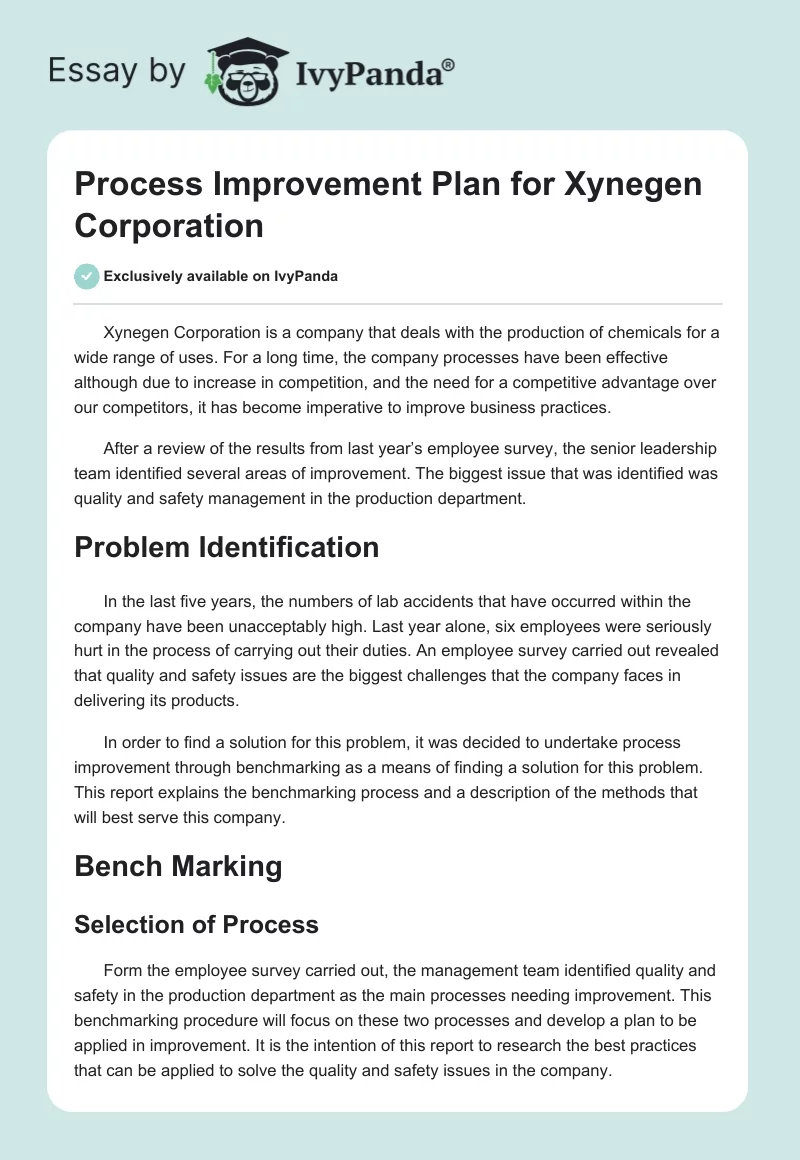 Process Improvement Plan for Xynegen Corporation. Page 1