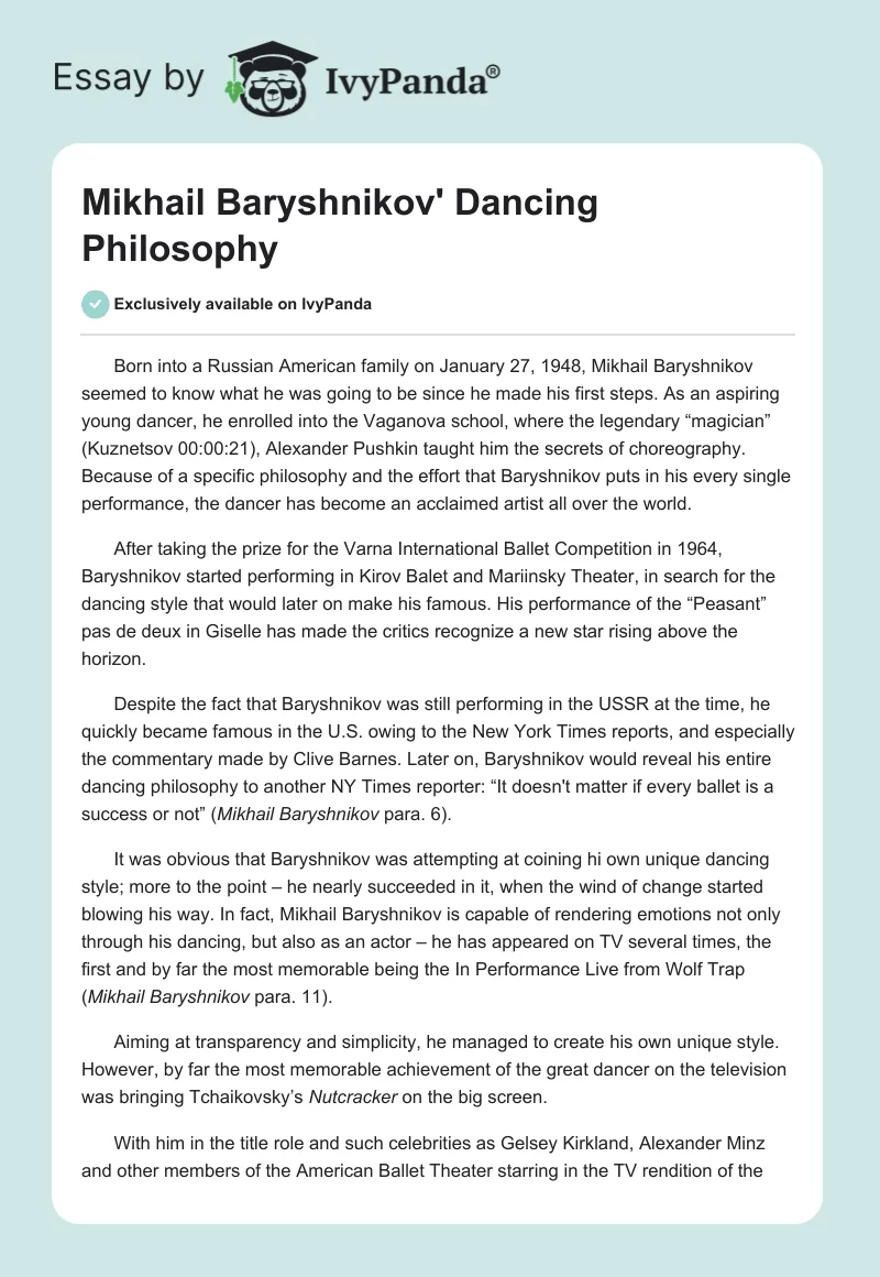 Mikhail Baryshnikov' Dancing Philosophy. Page 1