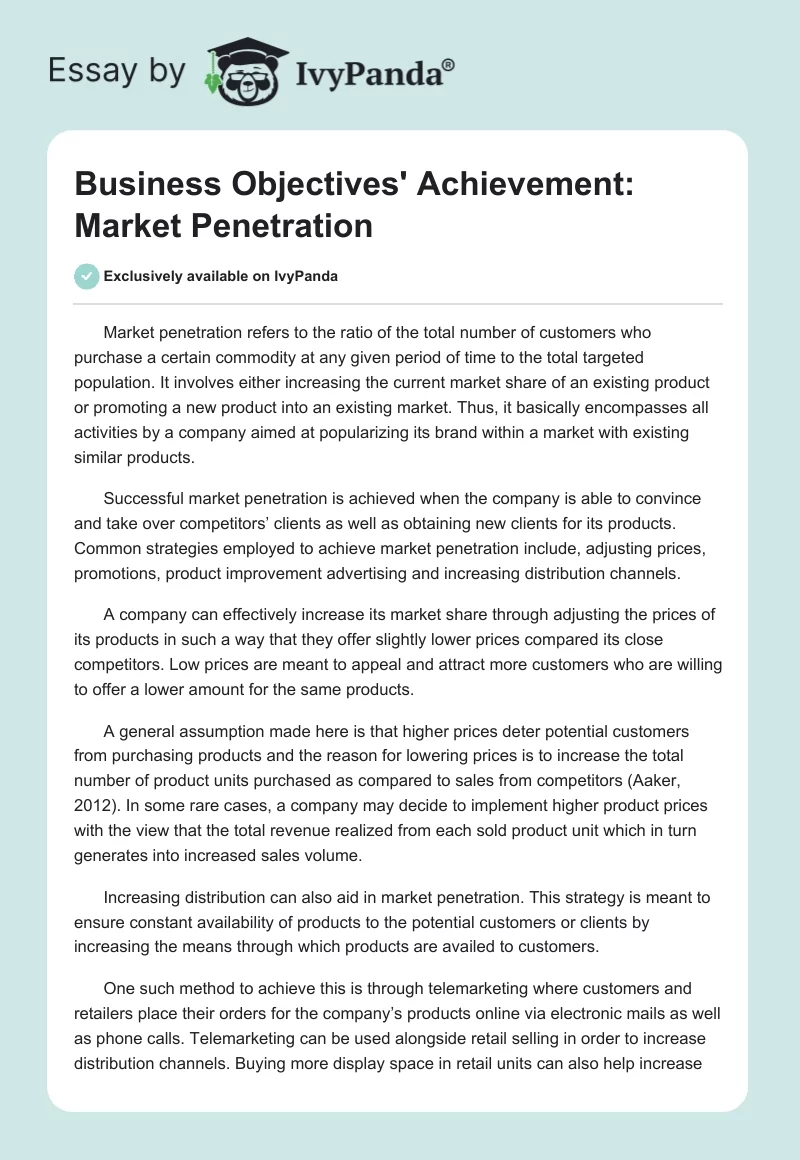 Business Objectives' Achievement: Market Penetration. Page 1