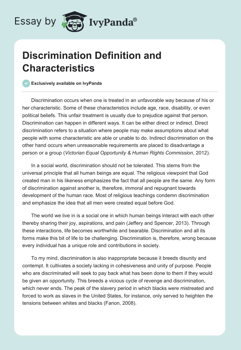 Discrimination Definition and Characteristics. Page 1