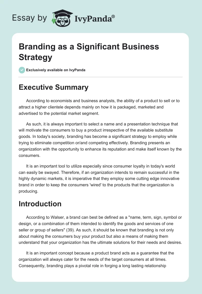 Branding as a Significant Business Strategy. Page 1