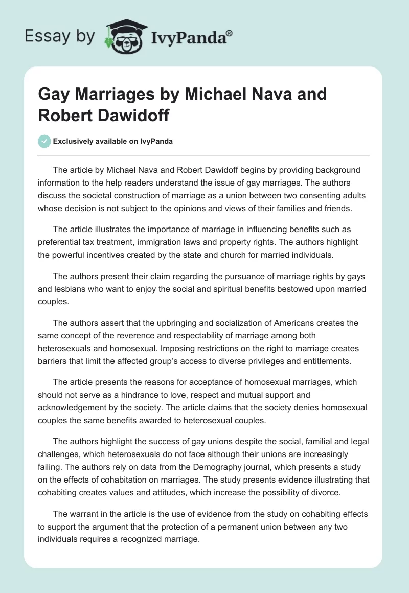 "Gay Marriages" by Michael Nava and Robert Dawidoff. Page 1