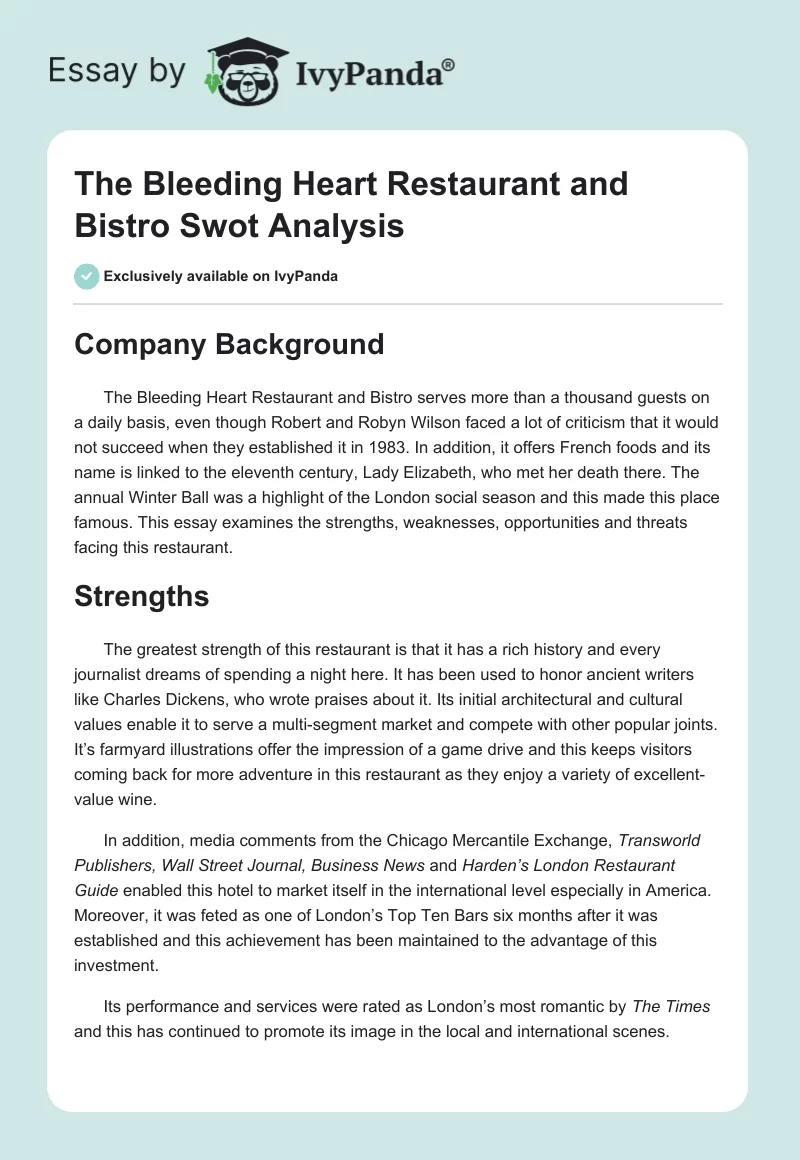 The Bleeding Heart Restaurant and Bistro Swot Analysis. Page 1