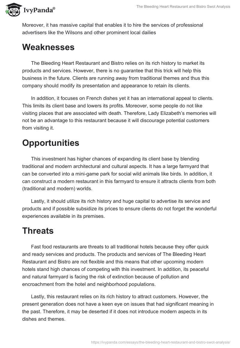 The Bleeding Heart Restaurant and Bistro Swot Analysis. Page 2