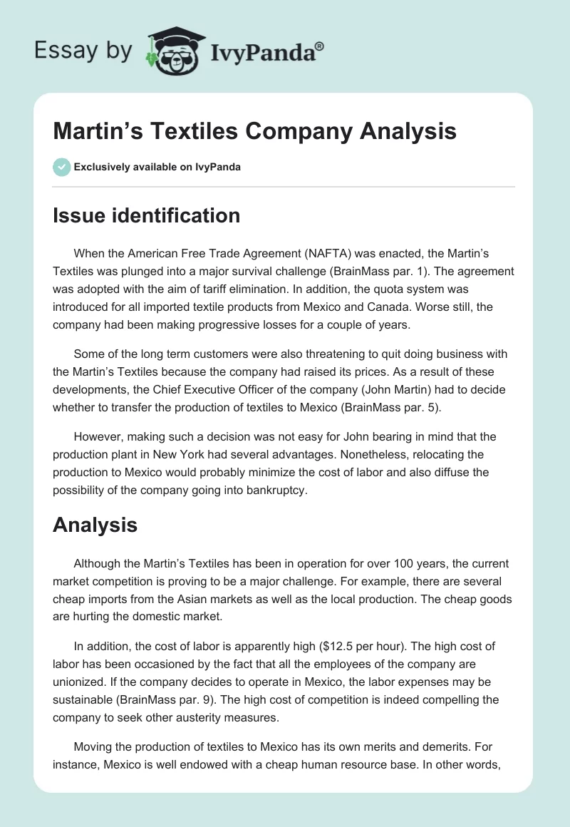 Martin’s Textiles Company Analysis. Page 1