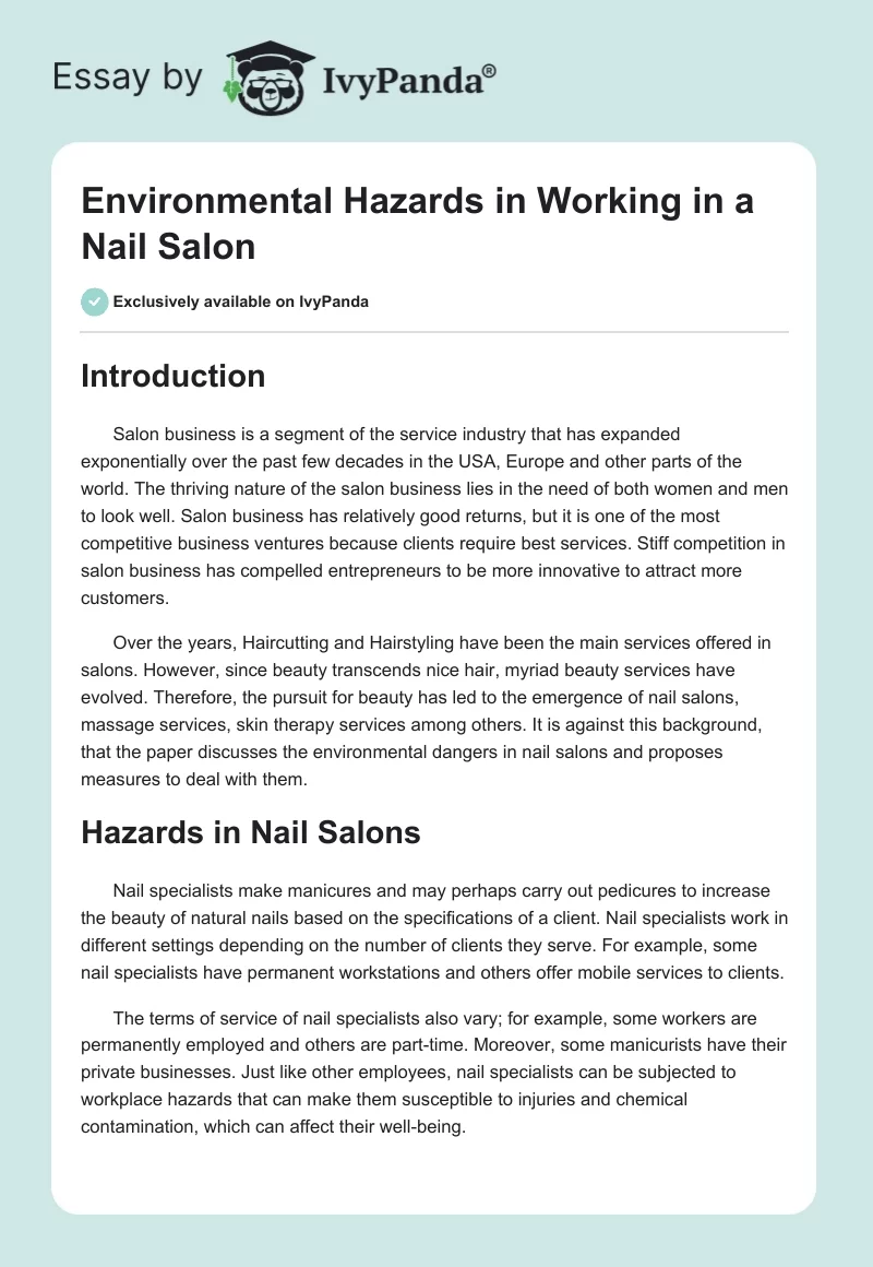 Environmental Hazards in Working in a Nail Salon. Page 1