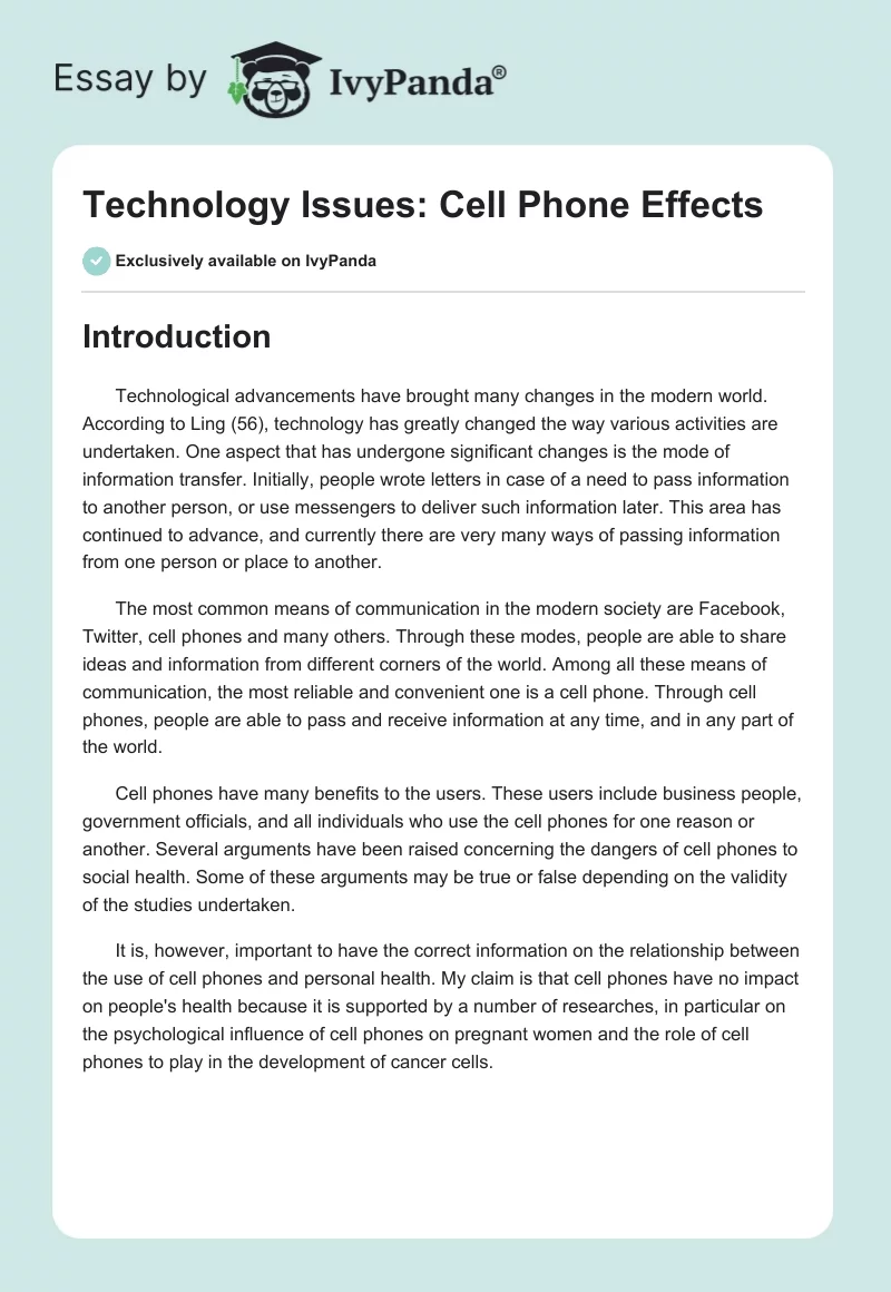 Technology Issues: Cell Phone Effects. Page 1