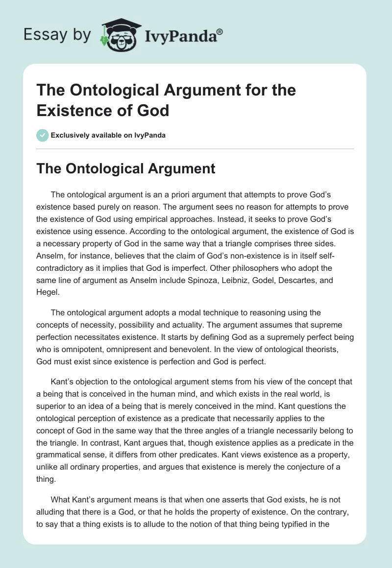 The Ontological Argument for the Existence of God. Page 1