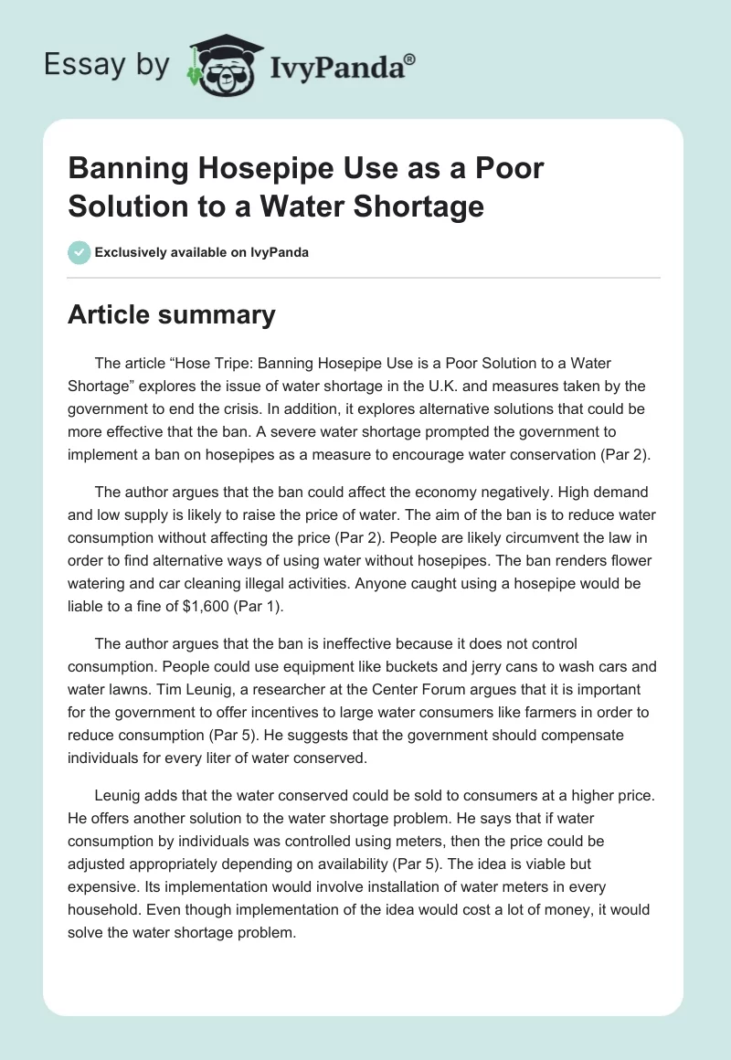 Banning Hosepipe Use as a Poor Solution to a Water Shortage. Page 1
