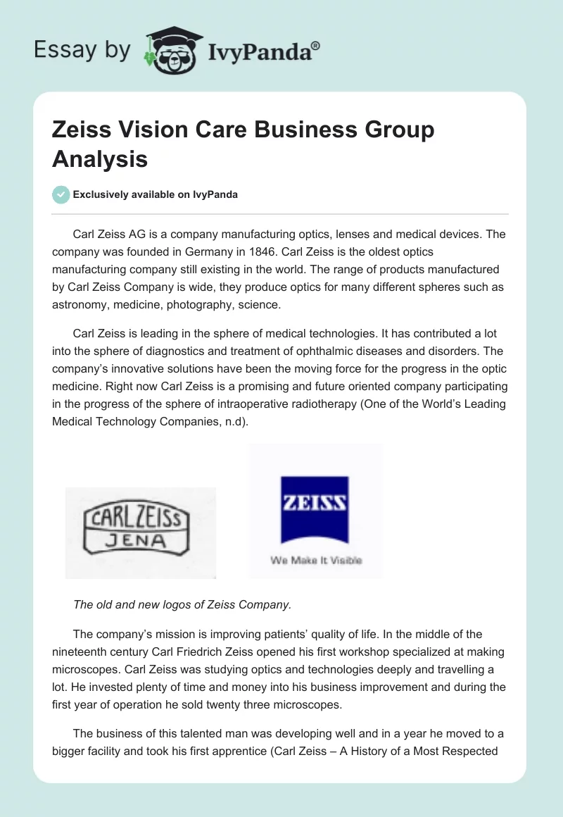 Zeiss Vision Care Business Group Analysis. Page 1