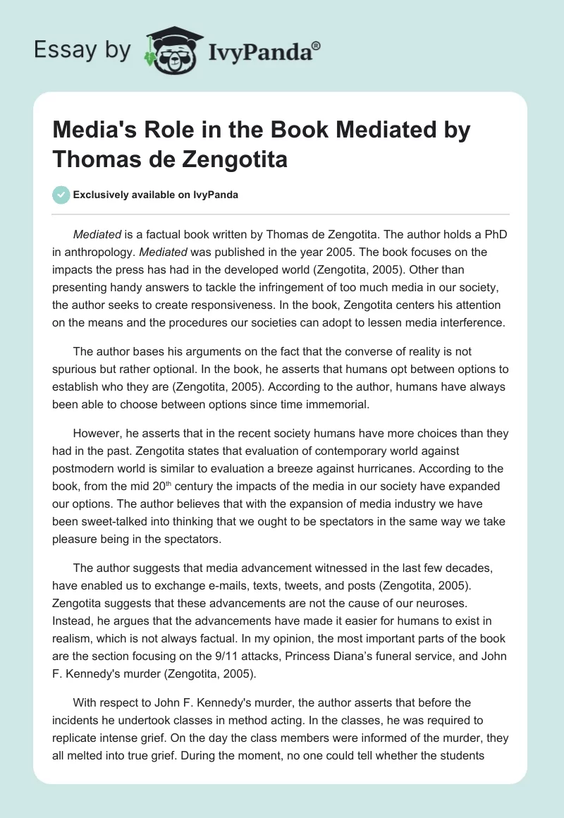 Media's Role in the Book "Mediated" by Thomas de Zengotita. Page 1