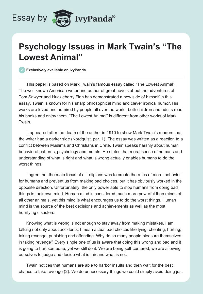 Psychology Issues in Mark Twain’s “The Lowest Animal”. Page 1