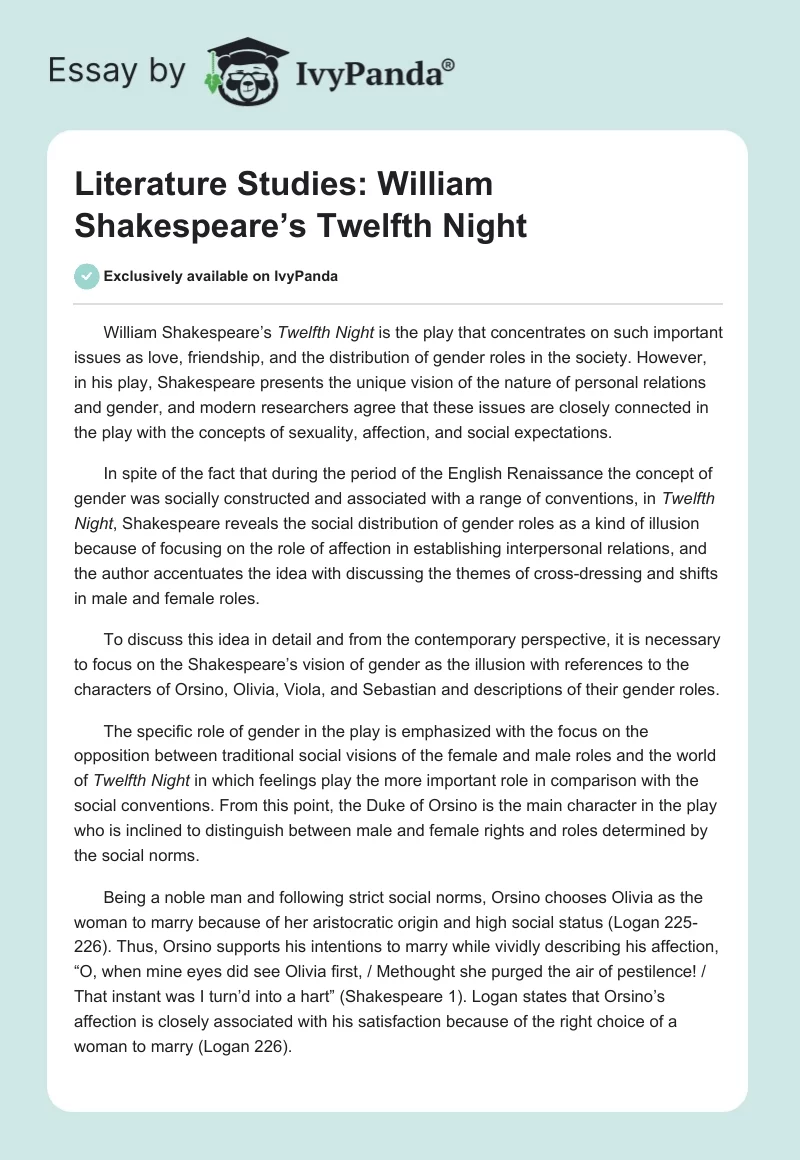 Literature Studies: William Shakespeare’s Twelfth Night. Page 1