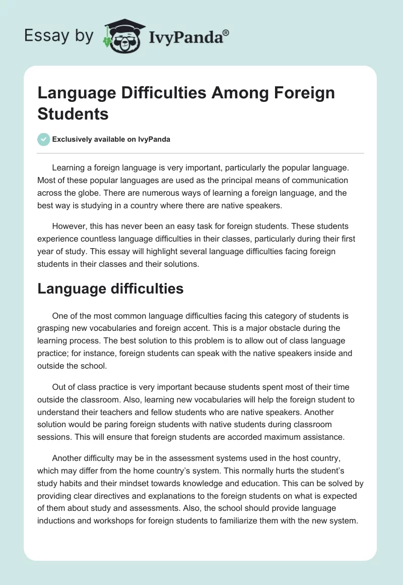 Language Difficulties Among Foreign Students. Page 1
