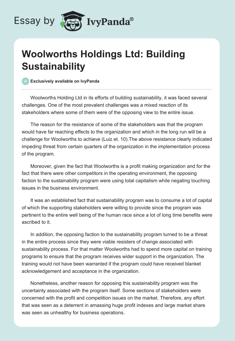 Woolworths Holdings Ltd: Building Sustainability. Page 1