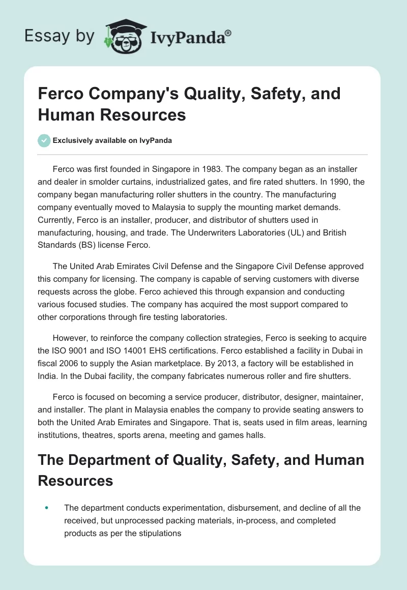 Ferco Company's Quality, Safety, and Human Resources. Page 1