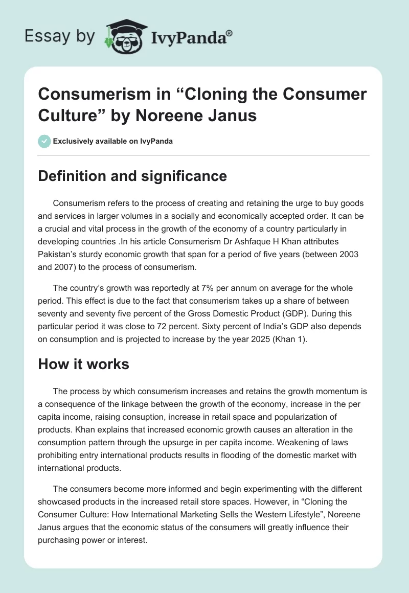 Consumerism in “Cloning the Consumer Culture” by Noreene Janus. Page 1