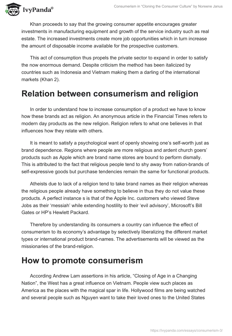 Consumerism in “Cloning the Consumer Culture” by Noreene Janus. Page 2