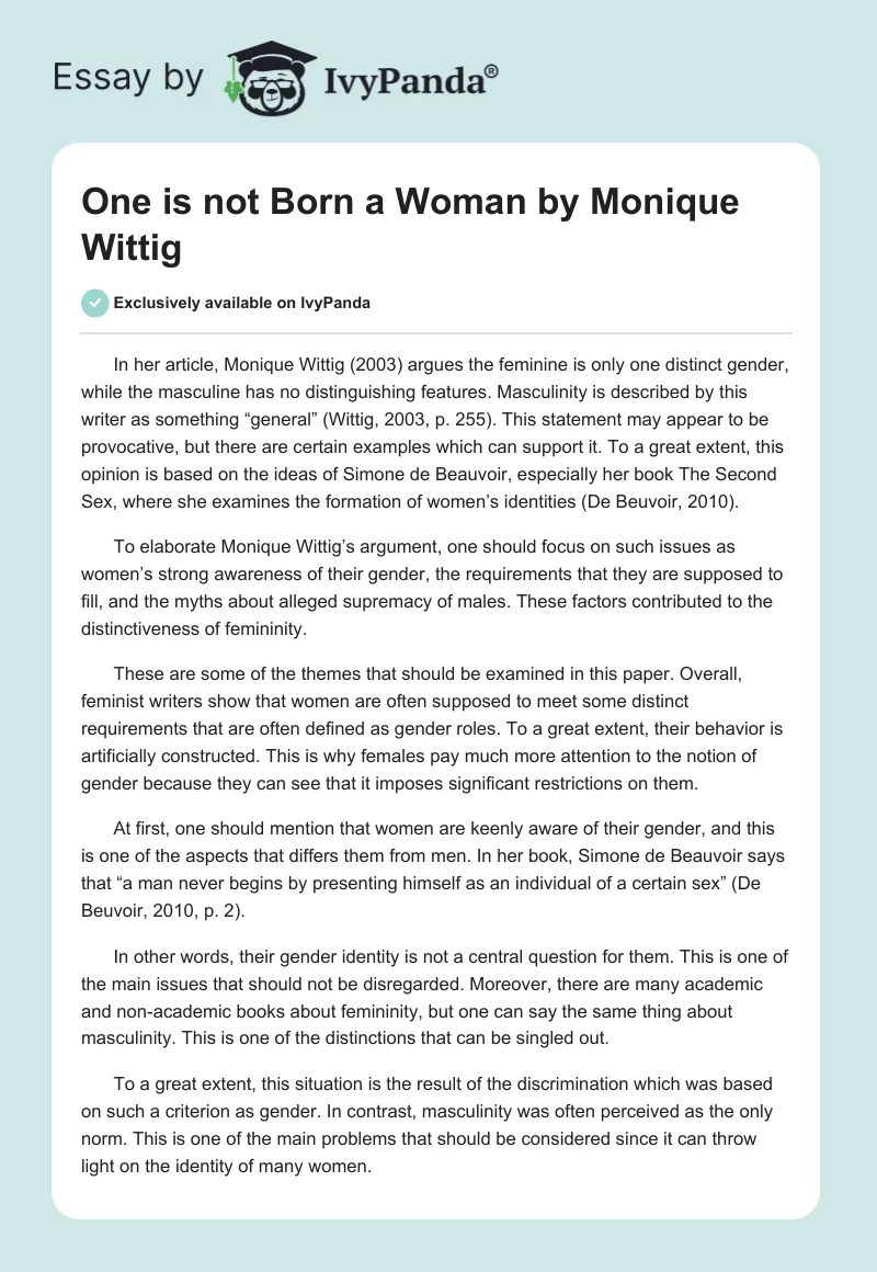 "One is not Born a Woman" by Monique Wittig. Page 1