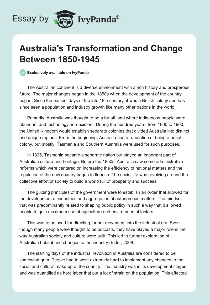 Australia's Transformation and Change Between 1850-1945. Page 1