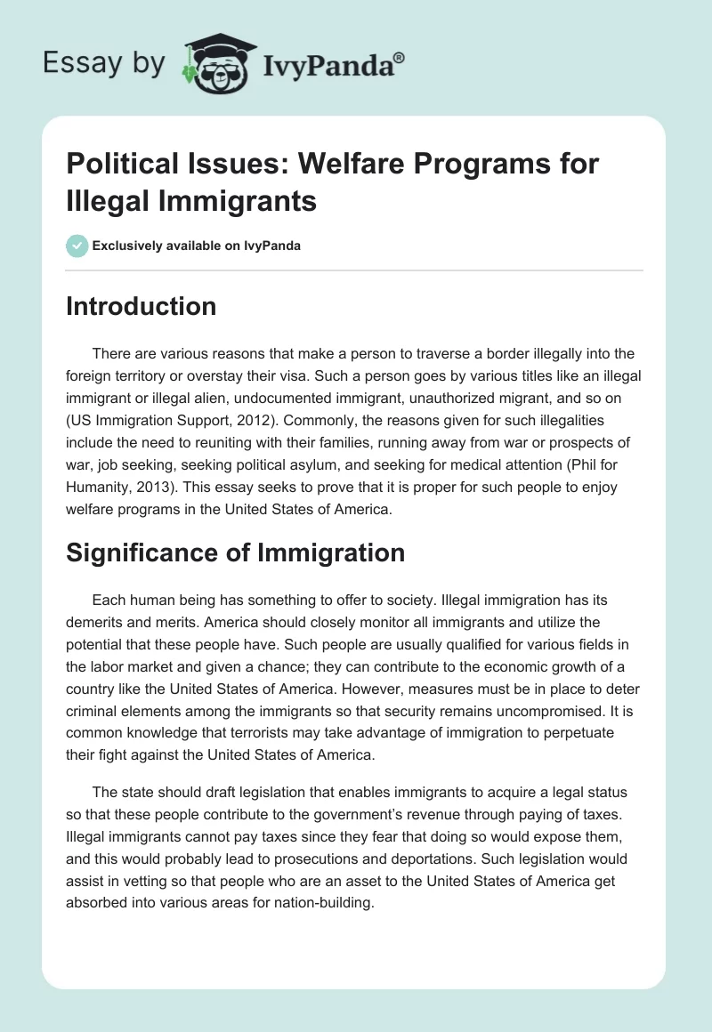 Political Issues: Welfare Programs for Illegal Immigrants. Page 1