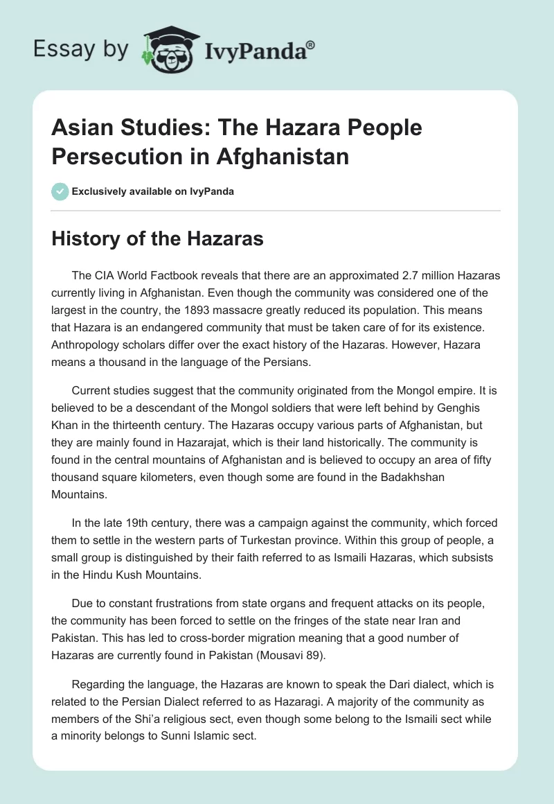 Asian Studies: The Hazara People Persecution in Afghanistan. Page 1