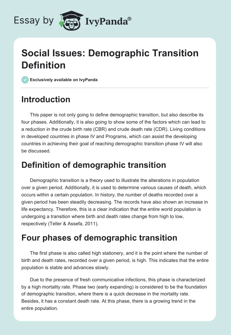 Social Issues: Demographic Transition Definition. Page 1