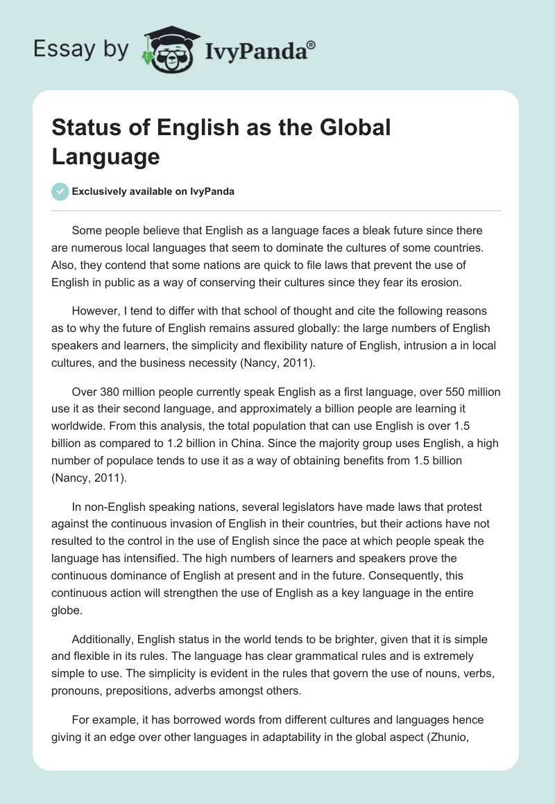 Status of English as the Global Language. Page 1