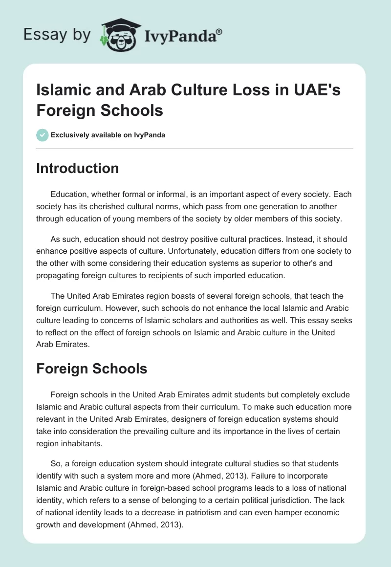 Islamic and Arab Culture Loss in UAE's Foreign Schools. Page 1