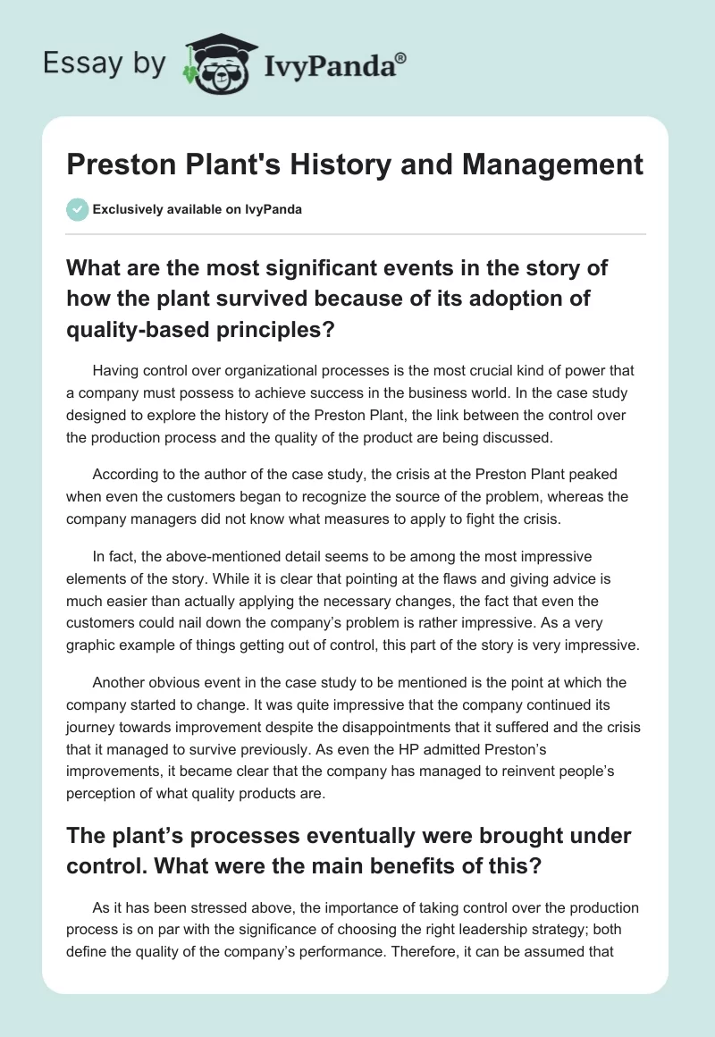 Preston Plant's History and Management. Page 1