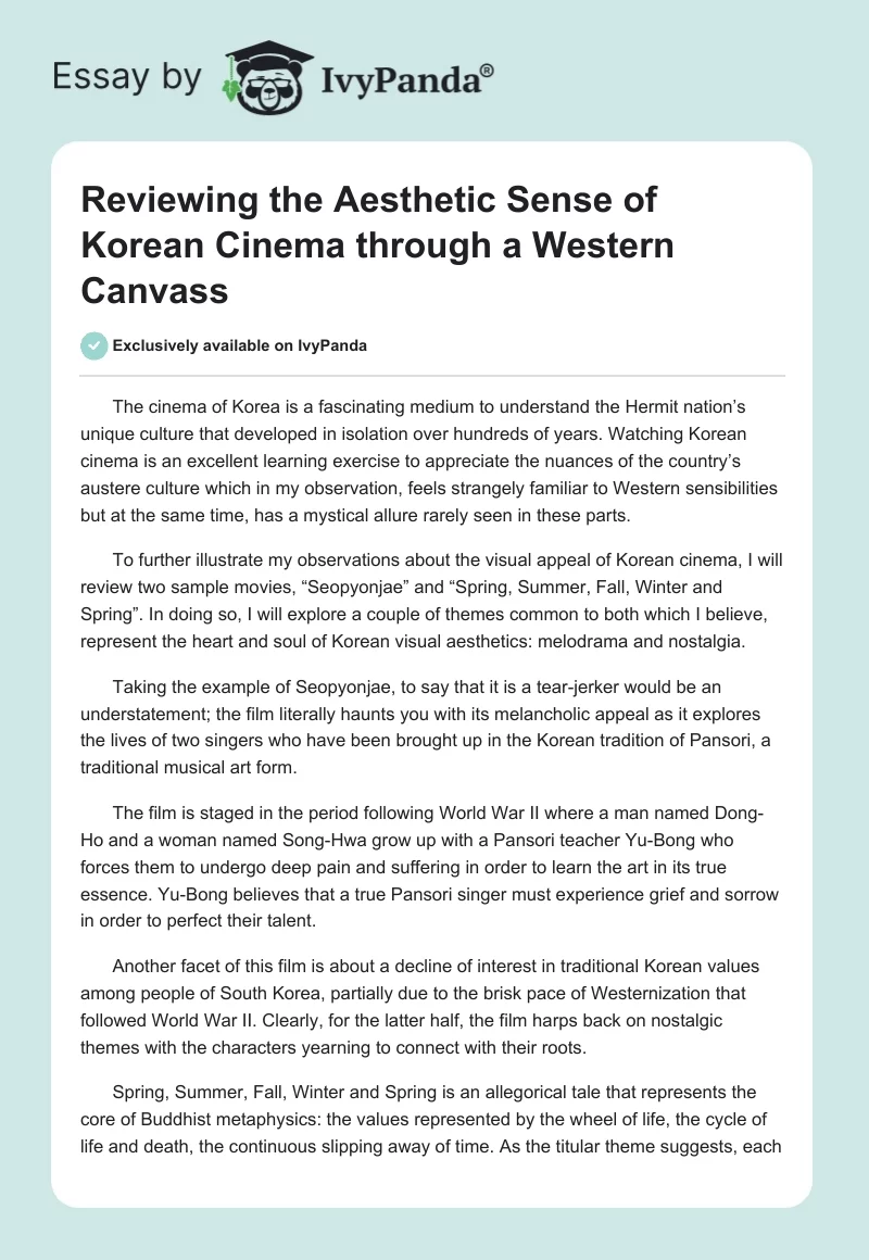 Reviewing the Aesthetic Sense of Korean Cinema Through a Western Canvass. Page 1