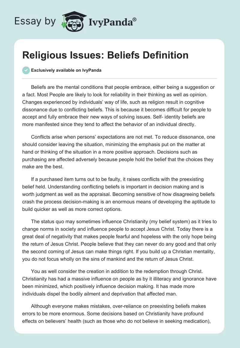 Religious Issues: Beliefs Definition. Page 1