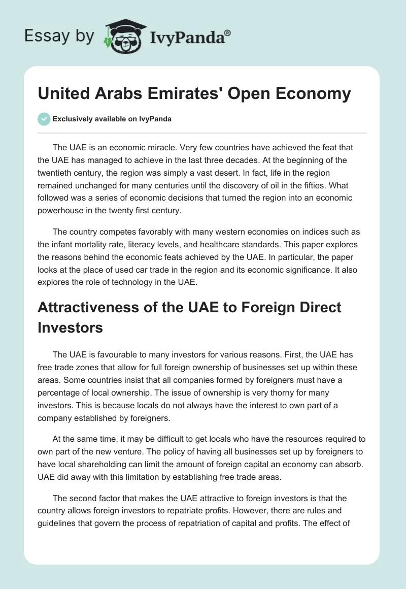 United Arabs Emirates' Open Economy. Page 1