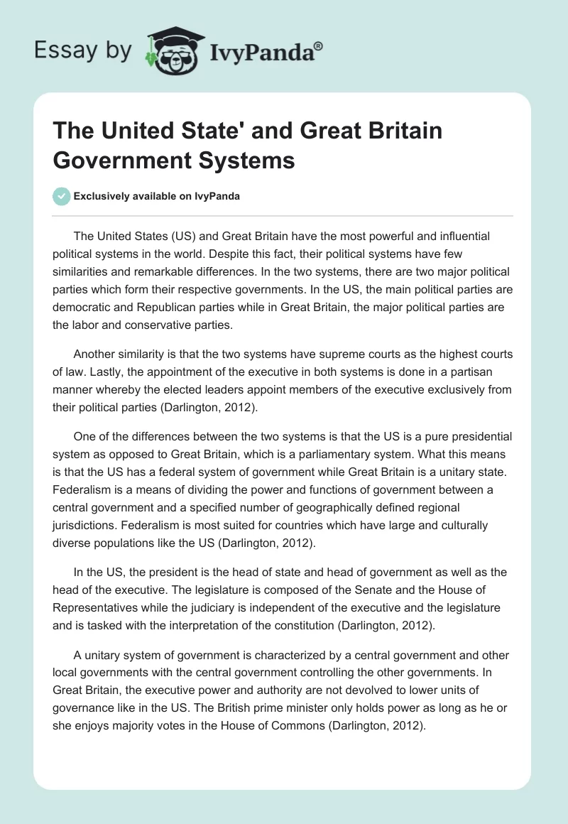 The United State' and Great Britain Government Systems. Page 1