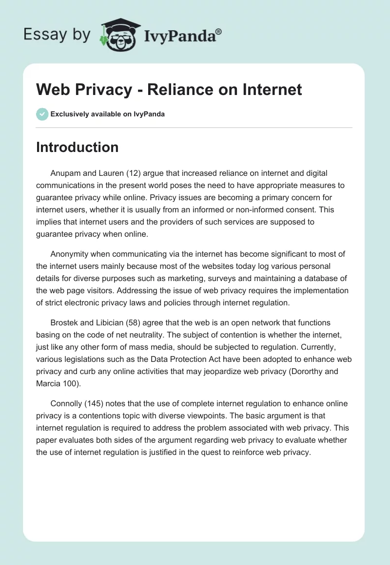 Web Privacy - Reliance on Internet. Page 1