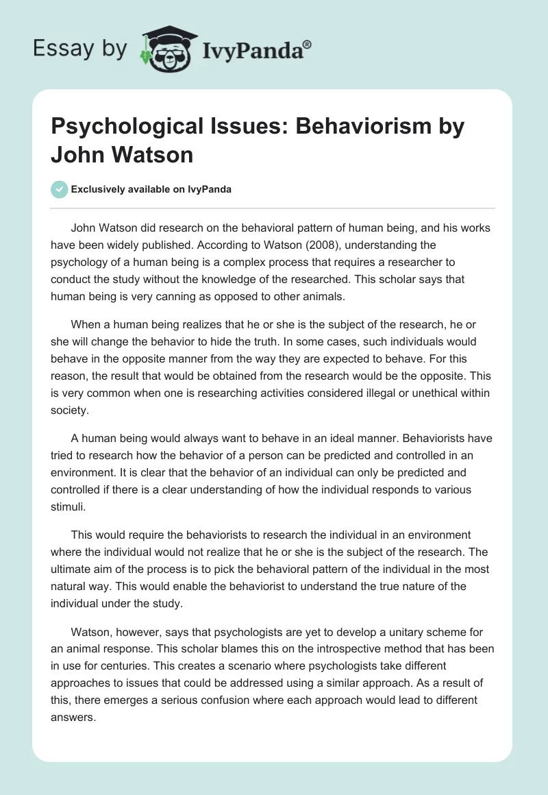 Psychological Issues: "Behaviorism" by John Watson. Page 1