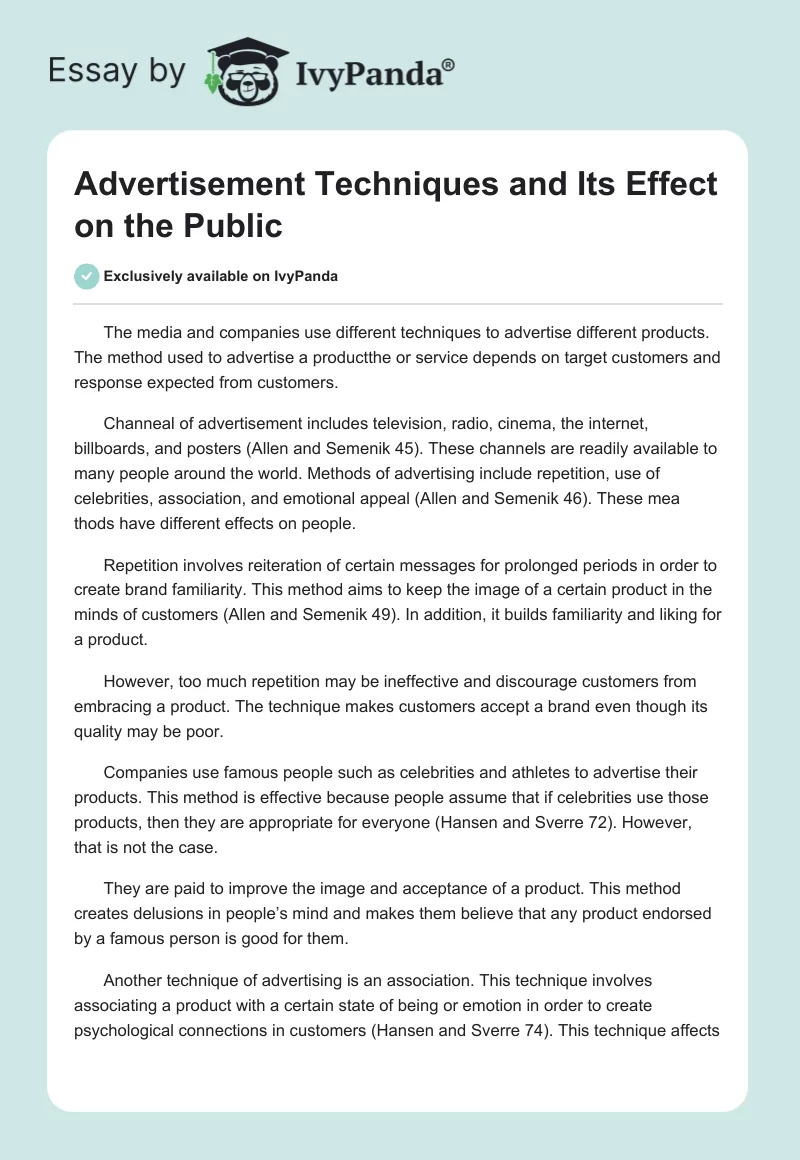 Advertisement Techniques and Its Effect on the Public. Page 1