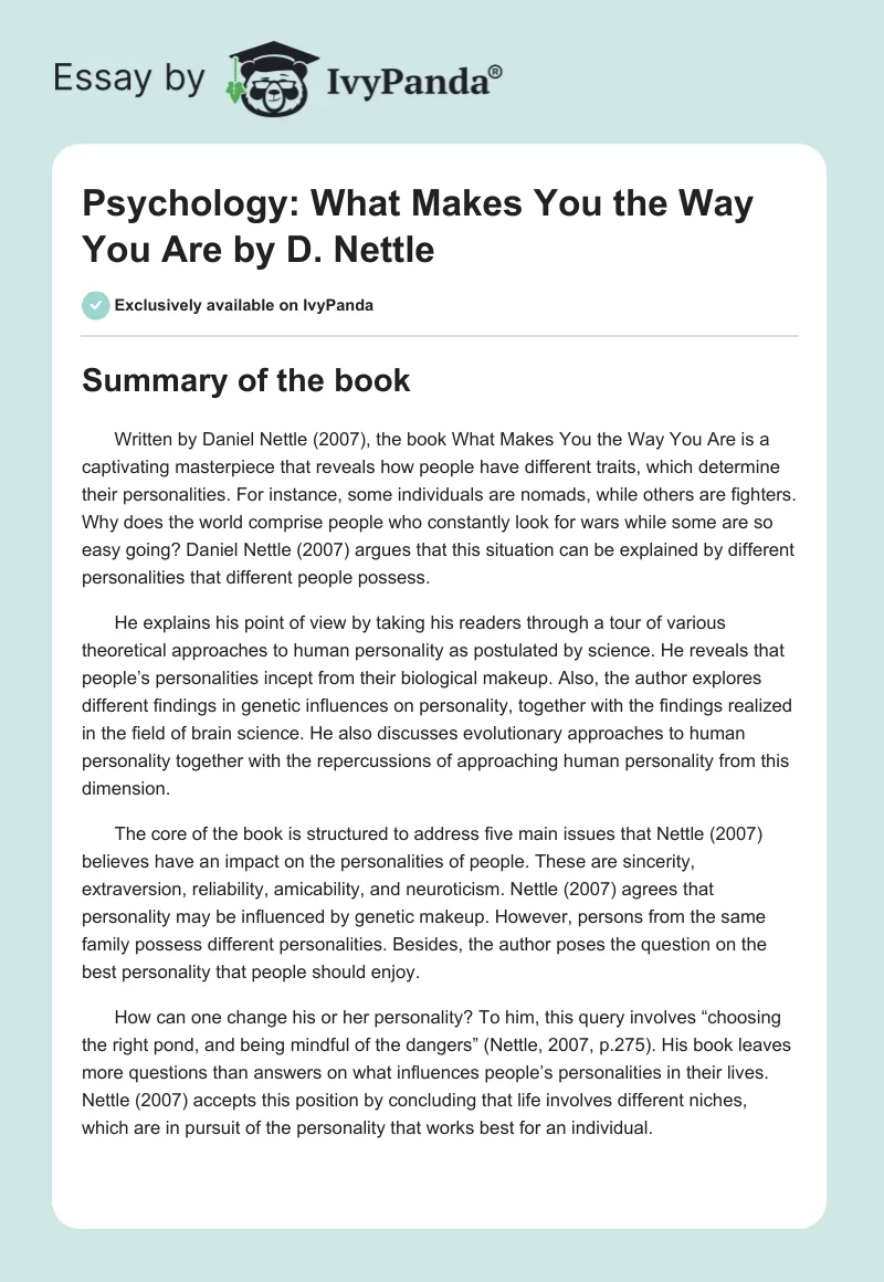 Psychology: "What Makes You the Way You Are" by D. Nettle. Page 1