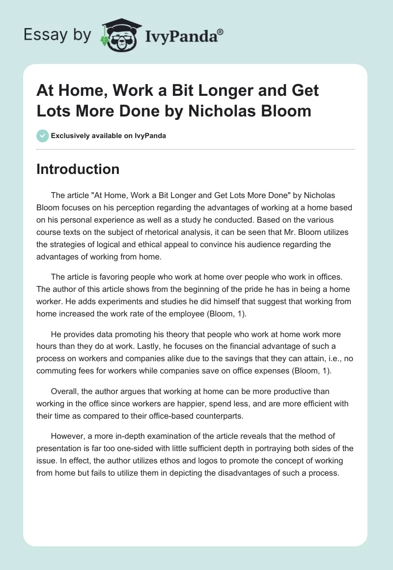 "At Home, Work a Bit Longer and Get Lots More Done" by Nicholas Bloom. Page 1