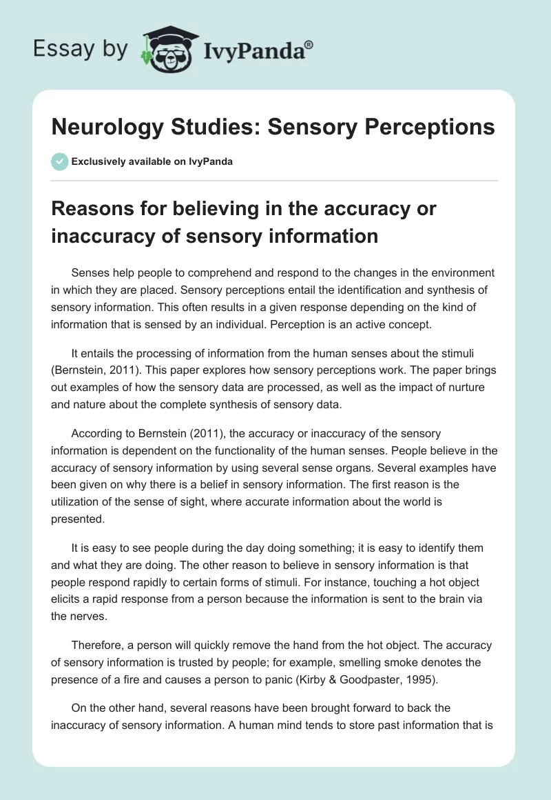 Neurology Studies: Sensory Perceptions. Page 1