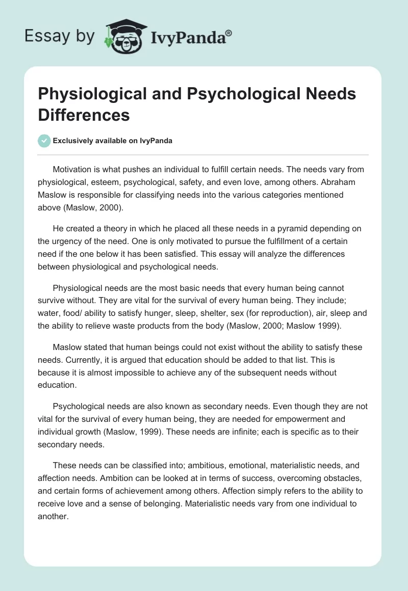 Physiological and Psychological Needs Differences. Page 1