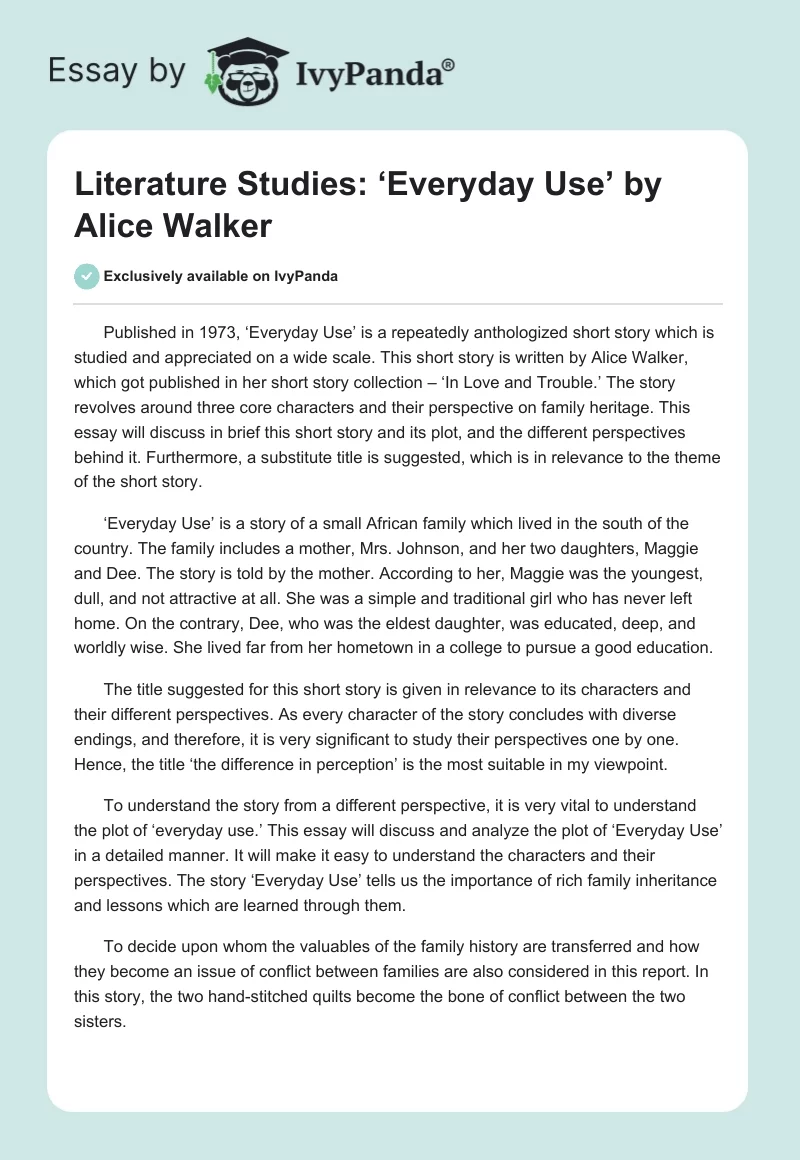 Literature Studies: ‘Everyday Use’ by Alice Walker. Page 1