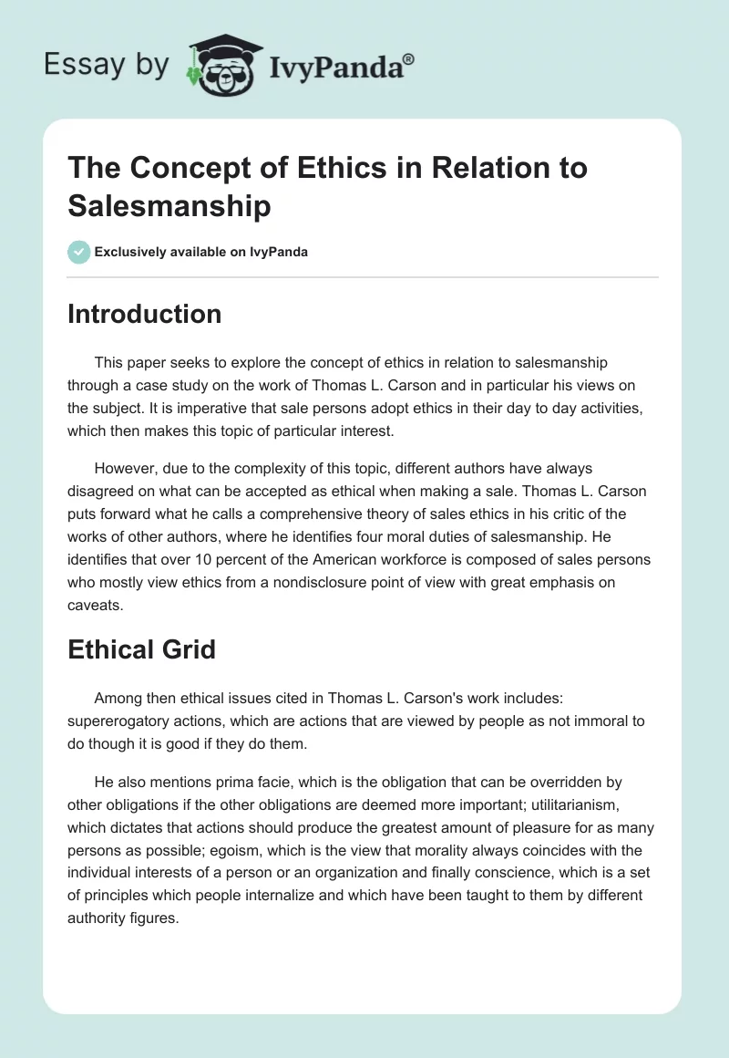 The Concept of Ethics in Relation to Salesmanship. Page 1